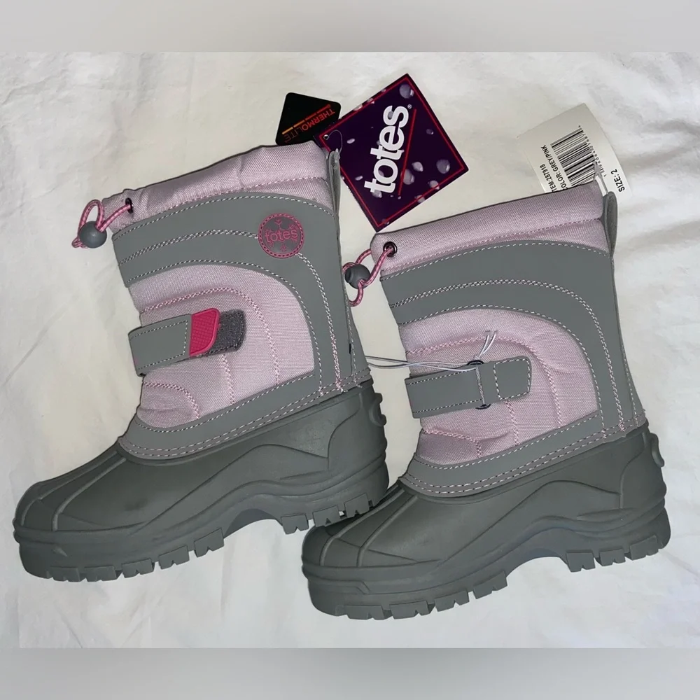 NWT Totes Sz-2 GS Kids Pink/Gray Warm Winter Snow Boots-Great Tread, Easy On/Off